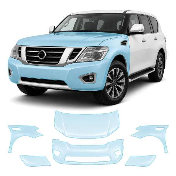 Антигравийная защитная бронепленка по лекалам для Nissan Patrol Y62 facelift 2 2014-2019 - передняя часть авто (капот бампер фары крылья)