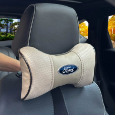 Подушка на подголовник с логотипом Ford Экокожа 3D Цветной лого Бежевая-Коричневый кант 1 шт