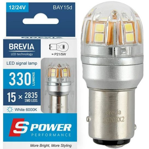 LED автолампа Brevia Spower 12/24V P21/5W 330Lm 15x2835SMD CANbus BAY 15d 2 шт (10203X2)