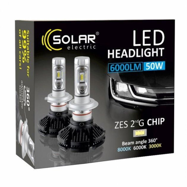 LED лампи автомобільні Solar H4 12/24V 6000Lm 50W 6000K IP67 радіатор 2 шт (8804)