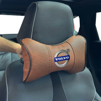Подушка на підголівник з логотипом Volvo Екошкіра 3D Кольоровий лого Коричневий-Коричневий кант 1 шт