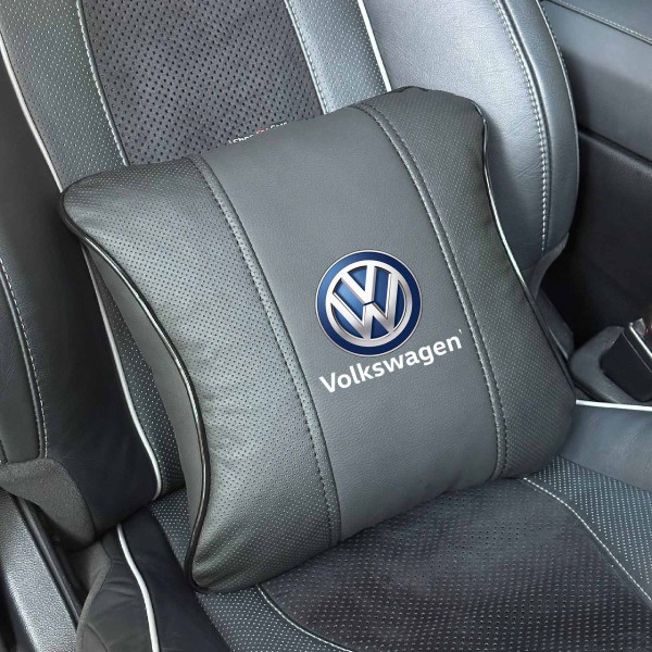 Подушка на подголовник с логотипом Volkswagen Экокожа 3D Цветной лого Черная-Черный кант 1 шт