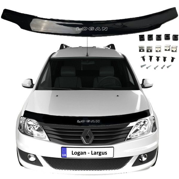 Дефлектор капота мухобойка Renault Logan I 2004-2012 Евро крепление Voron Glass