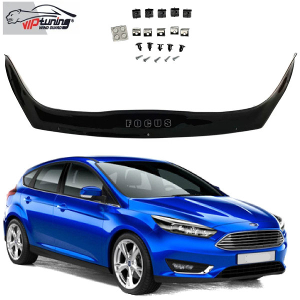 Дефлектор капота мухобойка Ford Focus III 2015- Евро Крепление (Vip Tuning)