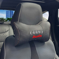 Подушка на підголівник з логотипом Audi Екошкіра 3D Кольоровий лого Чорна-Коричневий кант 1 шт