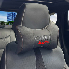 Подушка на подголовник с логотипом Audi Экокожа 3D Цветной лого Черная-Коричневый кант 1 шт