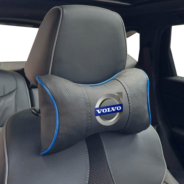 Подушка на підголівник з логотипом Volvo Екошкіра 3D Кольоровий лого Чорна-Синій кант 1 шт