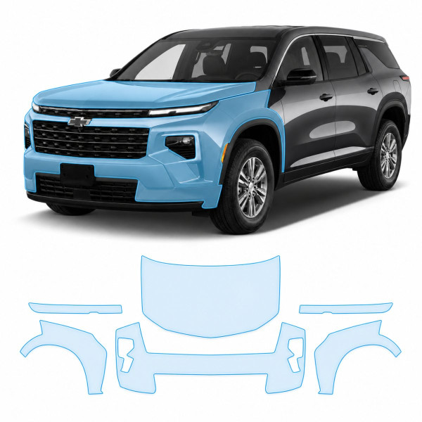 Антигравийная защитная бронепленка по лекалам для Chevrolet Traverse III 2023- передняя часть авто (капот бампер фары крылья)