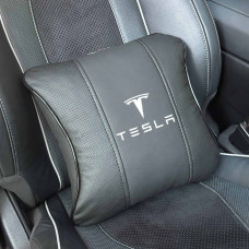 Подушка на підголівник з логотипом Tesla Екошкіра 3D Кольоровий лого Чорна-Чорний кант 1 шт