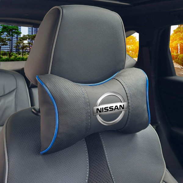 Подушка на подголовник с логотипом Nissan Экокожа 3D Цветной лого Черная-Синий кант 1 шт