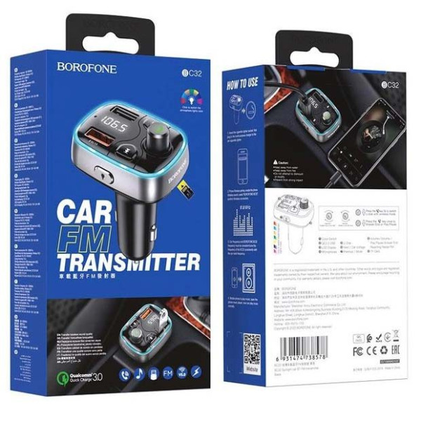 Автомобільний FM модулятор (трансмітер) Borofone Sunlight QC3.0 Дисплей Підсвічування (BC32)