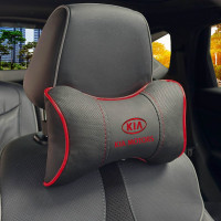 Подушка на підголівник з логотипом Kia Екошкіра 3D Кольоровий лого Чорна-Червоний кант 1 шт