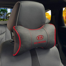 Подушка на підголівник з логотипом Kia Екошкіра 3D Кольоровий лого Чорна-Червоний кант 1 шт