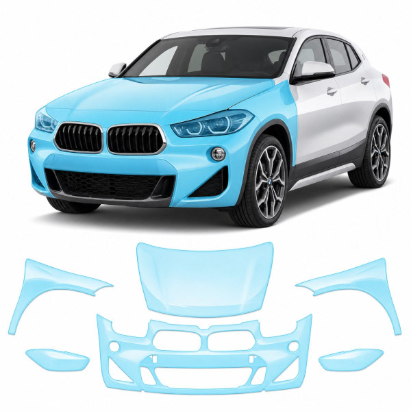 Антигравийная защитная бронепленка по лекалам для BMW X2 F39 2018-2023 - передняя часть авто (капот бампер фары крылья)
