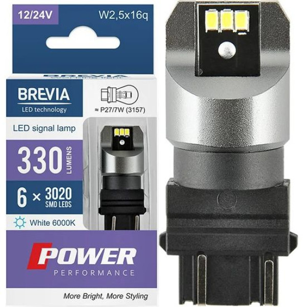 LED автолампа Brevia Power 12/24V P27/7W 6x3020SMD 330Lm 6000K CANbus W2,5x16q 2 шт (10139X2)