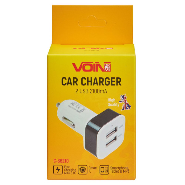 Автомобильное зарядное устройство VOIN 10,5W, 2USB 12/24V - 5V 2,1A (C-36210)