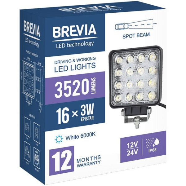 LED фара Brevia Flood Ближний свет 10-30V 48W (16x3W) 3520Lm Алюминиевый корпус IP68 (10652QFX1)