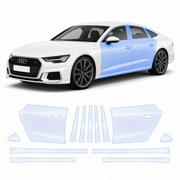 Антигравійна захисна бронеплівка за лекалами для Audi A7 C8 facelift 2023-2025 - зони дверей і стійки вікон