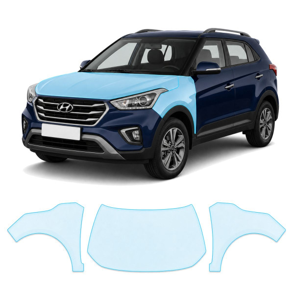 Антигравийная защитная бронепленка по лекалам для Hyundai Creta I facelift 2018-2019 - капот и передние крылья