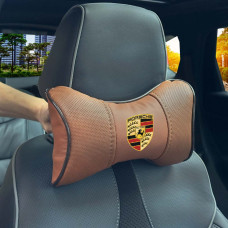 Подушка на подголовник с логотипом Porsche Экокожа 3D Цветной лого Коричневые-Коричневый кант 1 шт