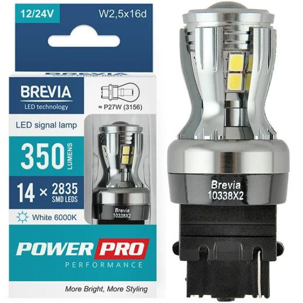 LED автолампа Brevia PowerPro 12/24V P27W 350Lm 14x2835SMD 6000K CANbus W2,5x16d 2 шт (10338X2)