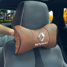 Подушка на подголовник с логотипом Renault Экокожа 3D Цветной лого Коричневая-Коричневый кант 1 шт
