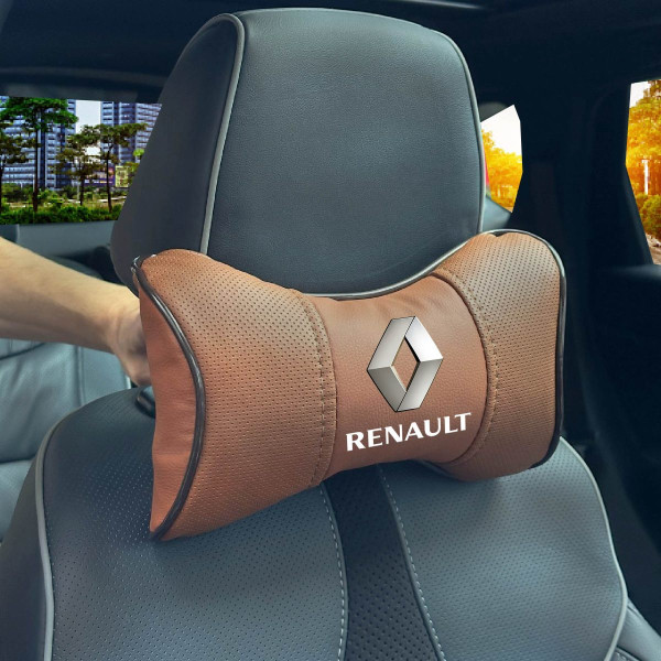 Подушка на подголовник с логотипом Renault Экокожа 3D Цветной лого Коричневая-Коричневый кант 1 шт
