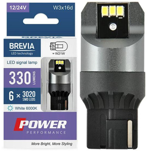 LED автолампа Brevia Power 12/24V T20 W21W 6x3020SMD 330Lm 6000K CANbus W3x16d 2 шт (10110X2)