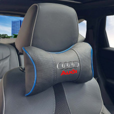 Подушка на подголовник с логотипом Audi Экокожа 3D Цветной лого Черная-Синий кант 1 шт
