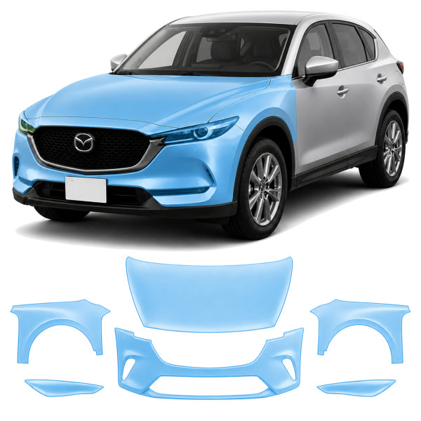 Антигравийная защитная бронепленка по лекалам для Mazda CX-5 KF 2017-2022 - передняя часть авто (капот бампер фары крылья)