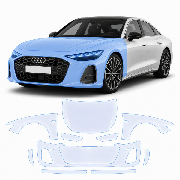 Антигравийная защитная бронепленка по лекалам для Audi A6 C9 2025- передняя часть авто (капот бампер фары крылья)