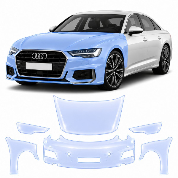 Антигравийная защитная бронепленка по лекалам для Audi A6 C8 2018-2022 - передняя часть авто (капот бампер фары крылья)