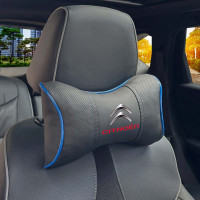 Подушка на підголівник з логотипом Citroen Екошкіра 3D Кольоровий лого Чорна-Синій кант 1 шт