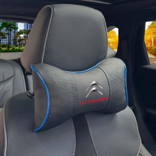 Подушка на підголівник з логотипом Citroen Екошкіра 3D Кольоровий лого Чорна-Синій кант 1 шт