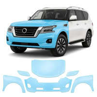 Антигравийная защитная бронепленка по лекалам для Nissan Patrol Y62 facelift 2 2019- передняя часть авто (капот бампер фары крылья)