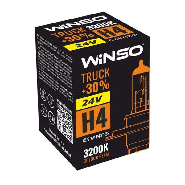 Автолампа галогенная Winso Truck + 30% / H4 / 75/70W / 24V / 1 шт (724400)