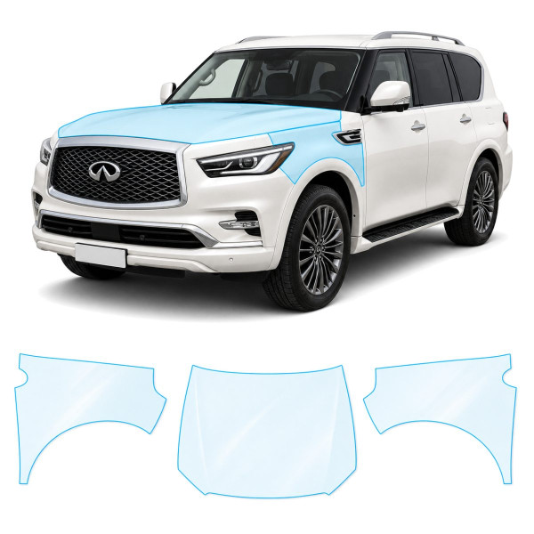 Антигравийная защитная бронепленка по лекалам для Infiniti QX80 Z62 facelift 2018-2024 - капот и передние крылья