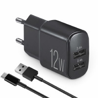 Сетевое зарядное устройство Brevia ePower 12W 2xUSB-A + кабель USB-A to Type-C 1м черный 45012DUCB