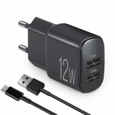 Сетевое зарядное устройство Brevia ePower 12W 2xUSB-A + кабель USB-A to Type-C 1м черный 45012DUCB