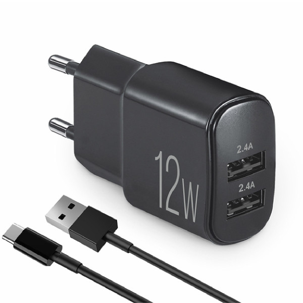 Мережевий зарядний пристрій Brevia ePower 12W 2xUSB-A + кабель USB-A to Type-C 1м чорний 45012DUCB