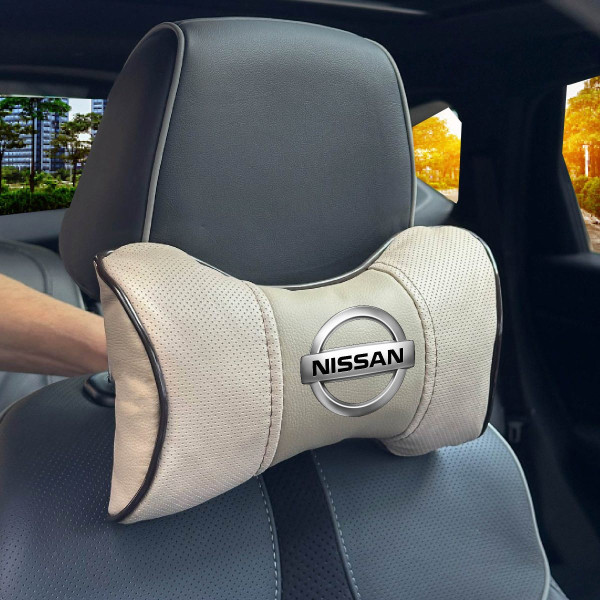 Подушка на підголівник з логотипом Nissan Екошкіра 3D Кольоровий лого Бежева-Коричневий кант 1 шт