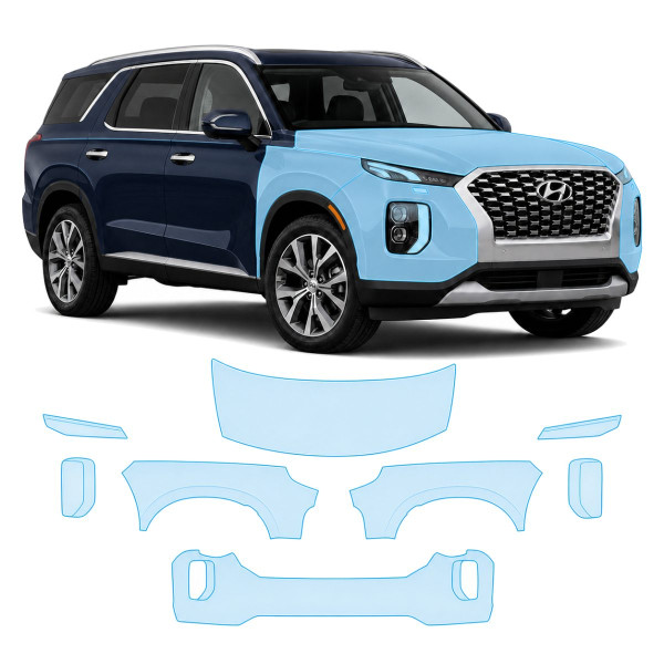 Антигравийная защитная бронепленка по лекалам для Hyundai Palisade I 2019-2022 - передняя часть авто (капот бампер фары крылья)