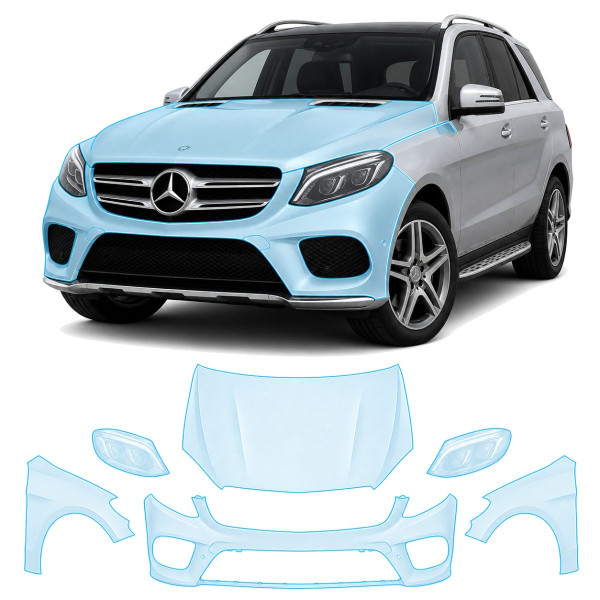 Антигравийная защитная бронепленка по лекалам для Mercedes-Benz GLE W166 facelift 2015-2019 - передняя часть авто (капот бампер фары крылья)