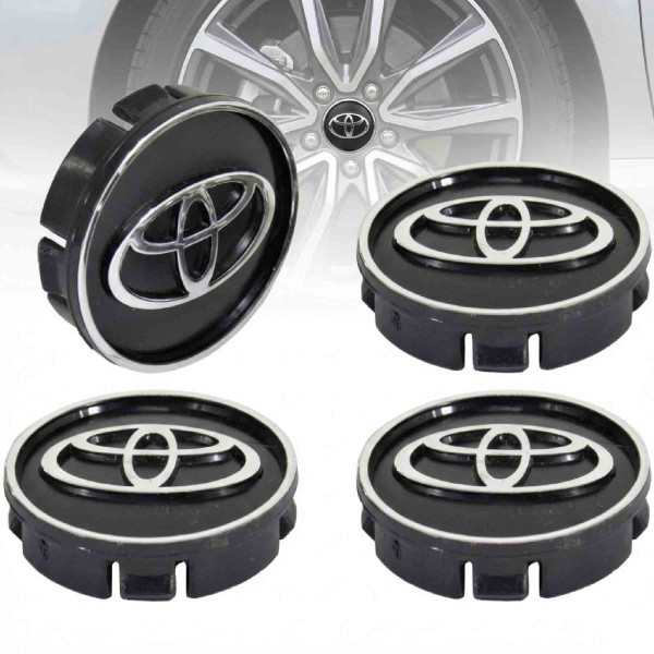 Колпачки на литые диски Toyota 60 х 55 мм объемный логотип Черные 4 шт