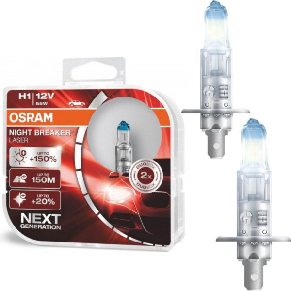 Автолампа галогенна Osram Night Breaker Laser +150% 12V H1 55W Оригінал 2 шт (64150 NL-BOX)
