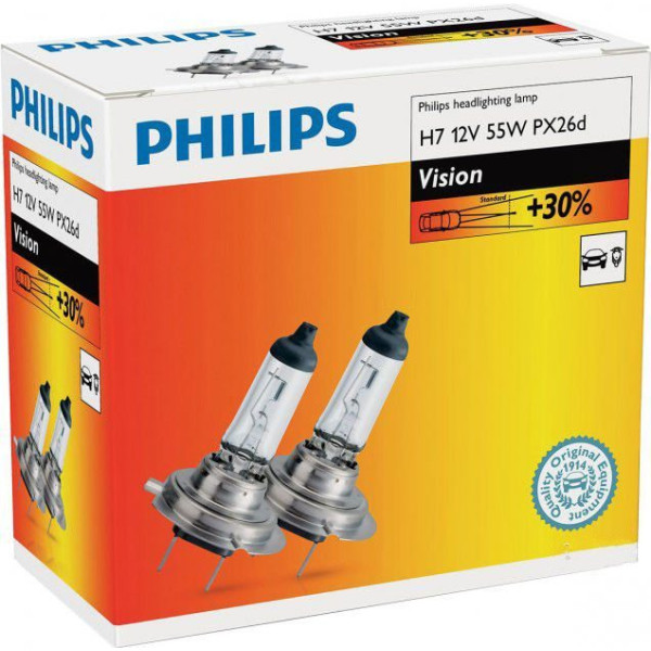 Автолампа галогенна Philips Vision +30% H7 3200 К 2 шт (12972PRC2)