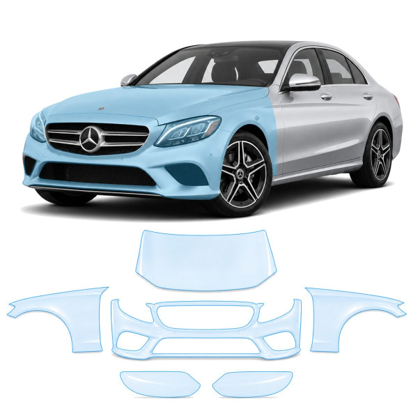 Антигравийная защитная бронепленка по лекалам для Mercedes-Benz C-Class W205 facelift 2018-2021 - передняя часть авто (капот бампер фары крылья)