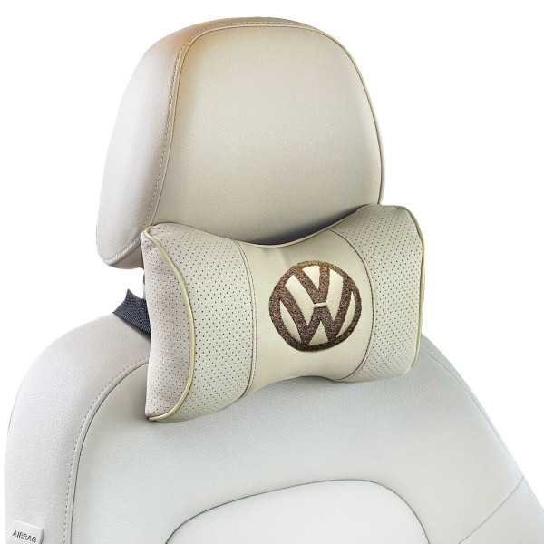 Подушка на підголовник з логотипом Volkswagen екошкіра Бежева 1 шт