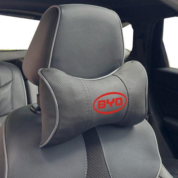 Подушка на підголівник з логотипом BYD Екошкіра 3D Кольоровий лого Чорна-Сірий кант 1 шт