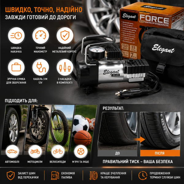 Автомобільний компресор Force PLUS 12v 150вт 35л 7атм 14А (EL 100 020)